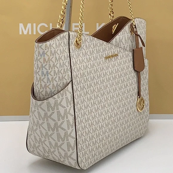 MICHAEL KORS LARGE X CHAIN SHOULDER TOTE BAG VANILLA SIGNATURE - Picture 4 of 16